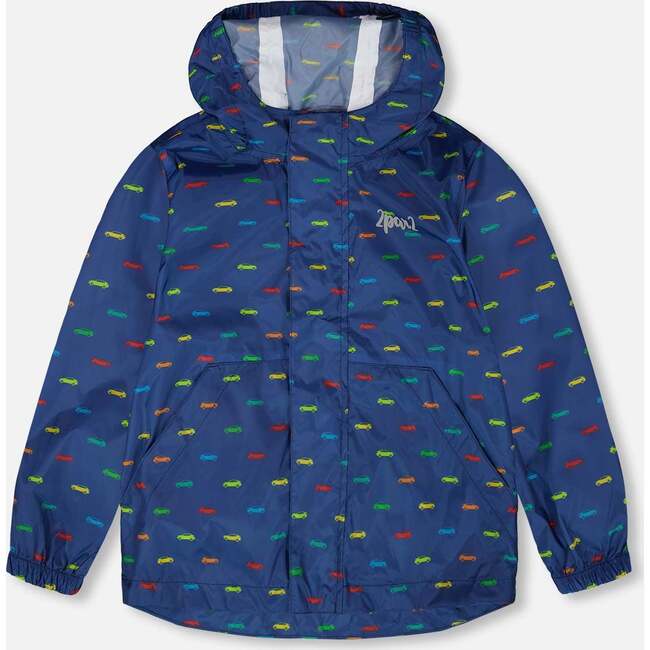Rain Jacket In Polyurethane, Blue Printed Cars