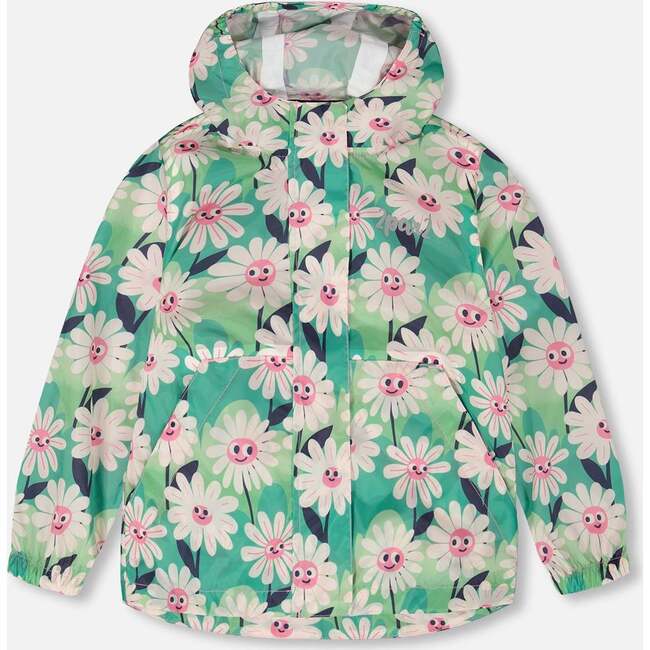 Packable Windbreaker In Polyester, Green Smiling Flower Print
