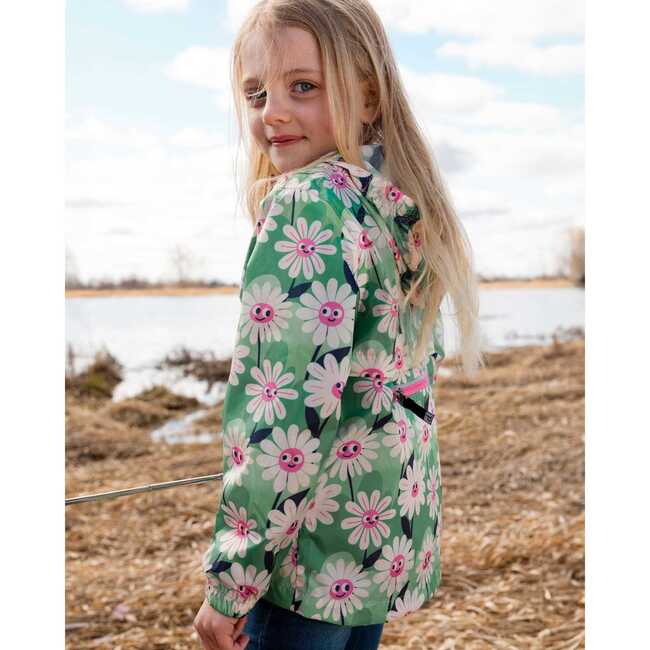 Packable Windbreaker In Polyester, Green Smiling Flower Print