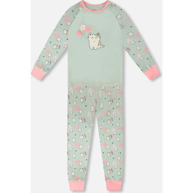 Organic Cotton Two-Piece Pajamas Set, Green Kitten Print