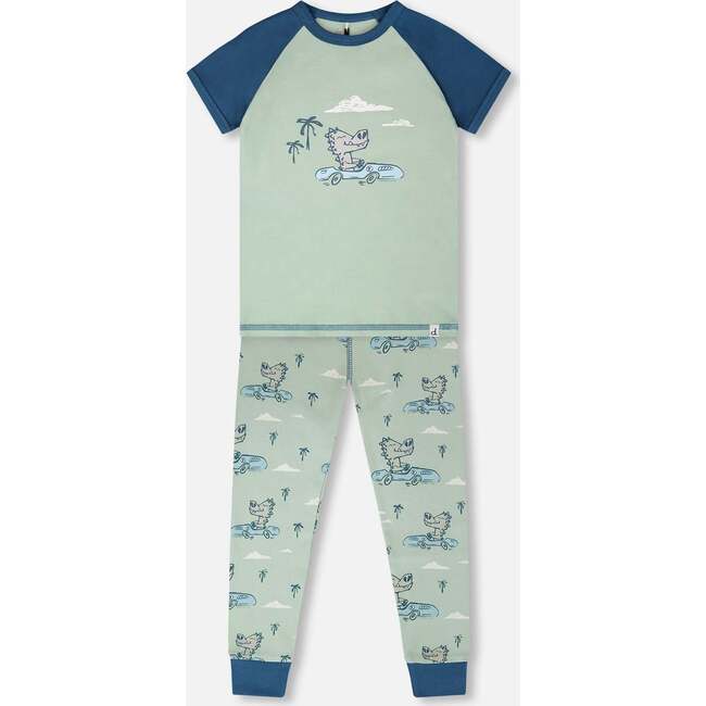 Organic Cotton Two-Piece Pajamas Set, Green Printed Crocodiles