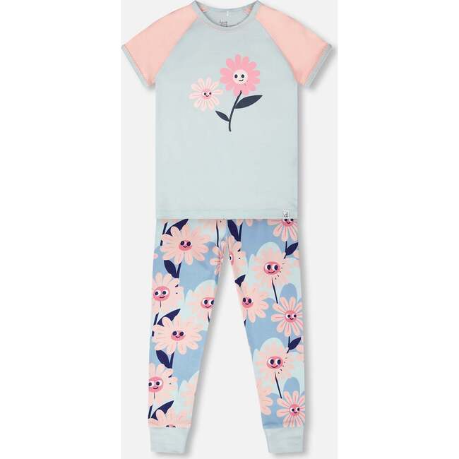 Organic Cotton Two-Piece Pajamas Set, Blue Smiling Flower Print