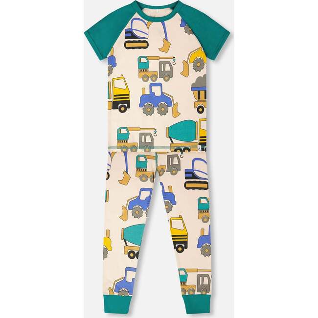 Organic Cotton Two-Piece Pajamas Set, Beige Printed Trucks