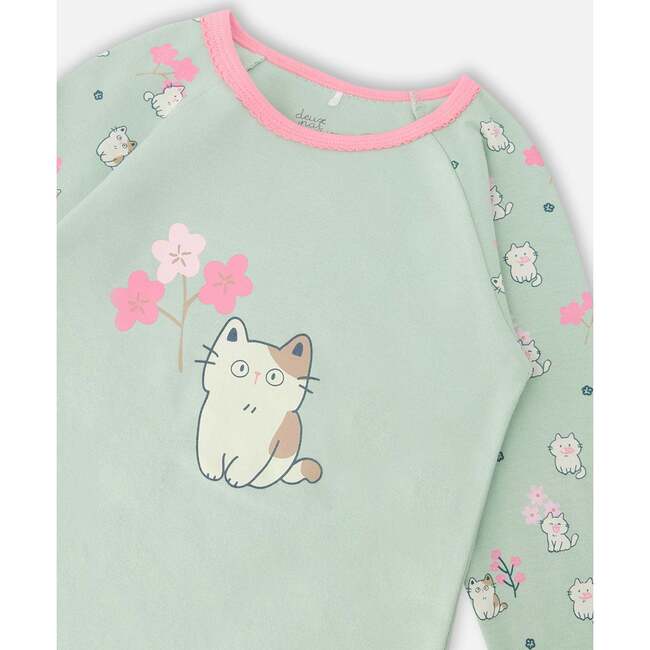 Organic Cotton Two-Piece Pajamas Set, Green Kitten Print - Pajamas - 4