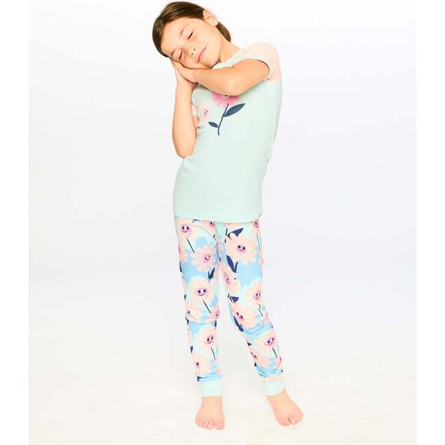 Organic Cotton Two-Piece Pajamas Set, Blue Smiling Flower Print