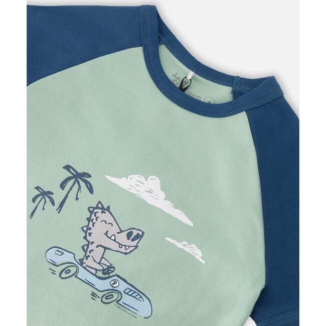 Organic Cotton Two-Piece Pajamas Set, Green Printed Crocodiles - Pajamas - 4