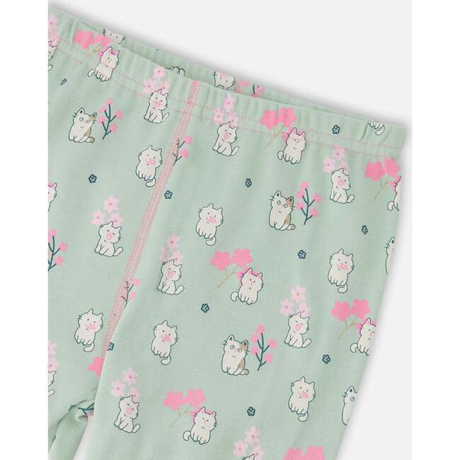 Organic Cotton Two-Piece Pajamas Set, Green Kitten Print - Pajamas - 5