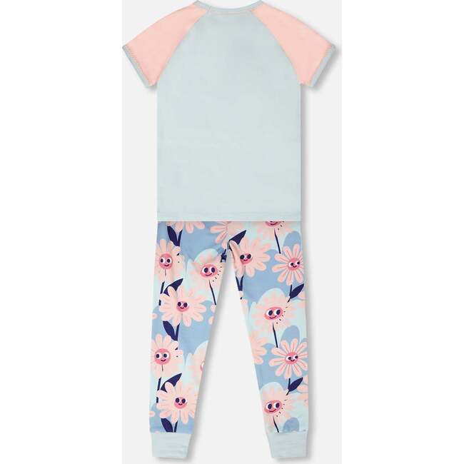 Organic Cotton Two-Piece Pajamas Set, Blue Smiling Flower Print - Pajamas - 3