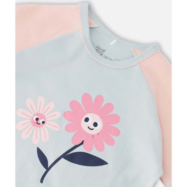 Organic Cotton Two-Piece Pajamas Set, Blue Smiling Flower Print - Pajamas - 4