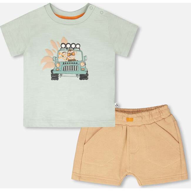 Organic Cotton T-Shirt And Short Set, Mint Green And Beige