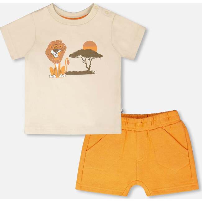 Organic Cotton T-Shirt And Short Set, Beige And Orange