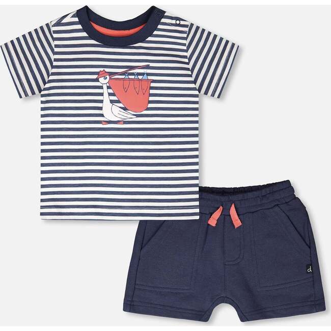 Organic Cotton T-Shirt And Short Set, Blue Stripes And Blue