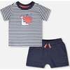 Organic Cotton T-Shirt And Short Set, Blue Stripes And Blue - Mixed Apparel Set - 1 - thumbnail