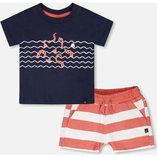 Organic Cotton T-Shirt And Short Set, Blue And Brick Stripes