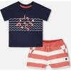 Organic Cotton T-Shirt And Short Set, Blue And Brick Stripes - Mixed Apparel Set - 1 - thumbnail