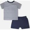Organic Cotton T-Shirt And Short Set, Blue Stripes And Blue - Mixed Apparel Set - 2