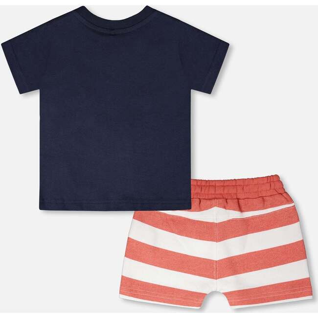 Organic Cotton T-Shirt And Short Set, Blue And Brick Stripes