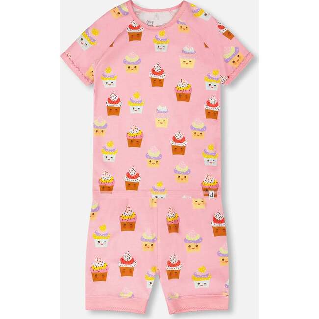 Organic Cotton Two-Piece Pajamas Set Pink Cupcake Print, Pink Printed Cupcake