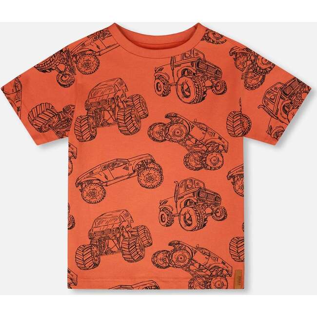 Organic Cotton Jersey T-Shirt, Orange Printed Trucks