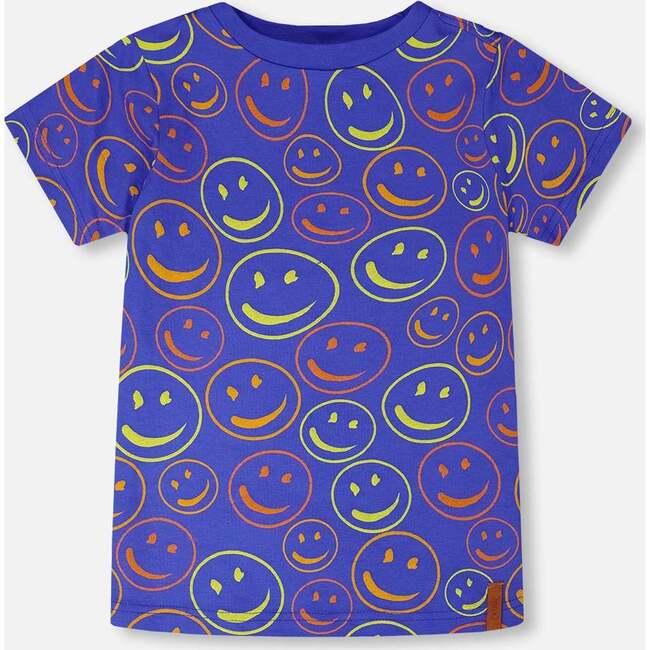 Organic Cotton Jersey T-Shirt, Blue Smiley Print