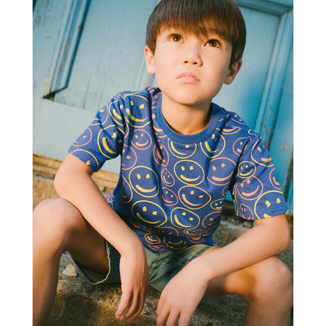 Organic Cotton Jersey T-Shirt, Blue Smiley Print