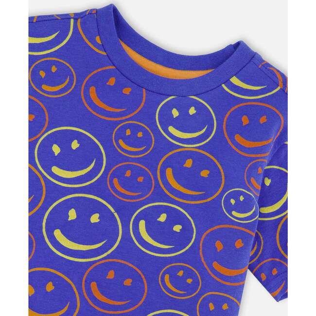 Organic Cotton Jersey T-Shirt, Blue Smiley Print - T-Shirts - 5