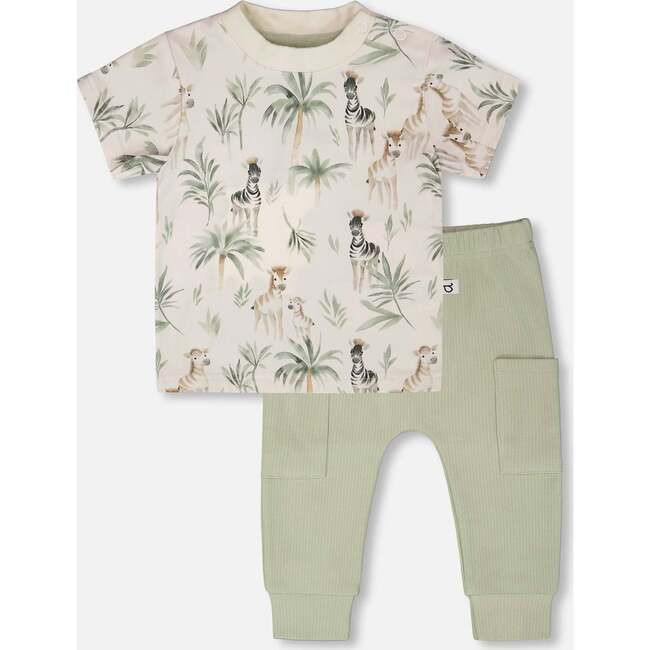 Organic Cotton Jersey T-Shirt And Cotton Rib Pants Set, Beige Zebra Print & Sage Green