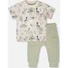 Organic Cotton Jersey T-Shirt And Cotton Rib Pants Set, Beige Zebra Print & Sage Green - Mixed Apparel Set - 1 - thumbnail