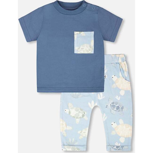 Organic Cotton Jersey T-Shirt And Pants Set, Medium Blue & Blue Turtle Print