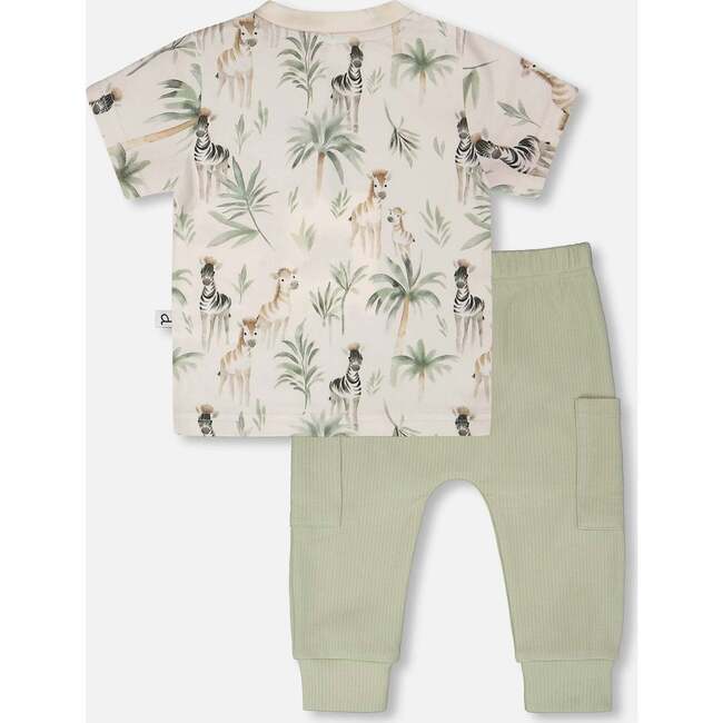 Organic Cotton Jersey T-Shirt And Cotton Rib Pants Set, Beige Zebra Print & Sage Green - Mixed Apparel Set - 3