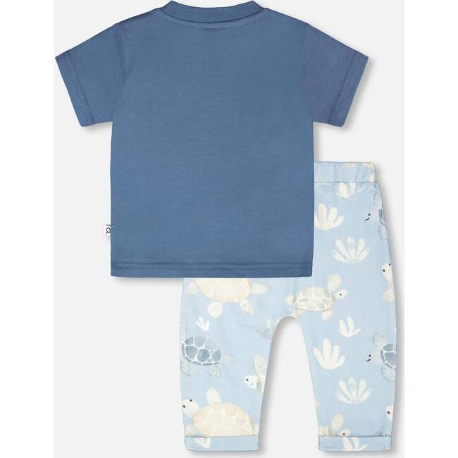 Organic Cotton Jersey T-Shirt And Pants Set, Medium Blue & Blue Turtle Print - Mixed Apparel Set - 3