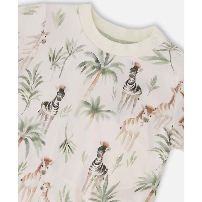 Organic Cotton Jersey T-Shirt And Cotton Rib Pants Set, Beige Zebra Print & Sage Green - Mixed Apparel Set - 4