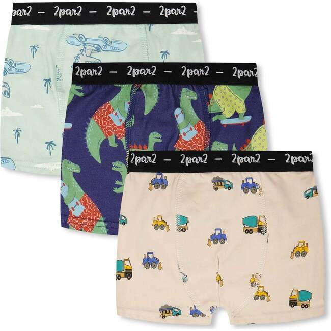 Organic Cotton Printed Adventure Boxers Pack Of 3, Beige Printed Trucks