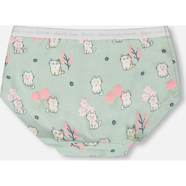 Organic Cotton Boyshort Panty, Green Kitten Print