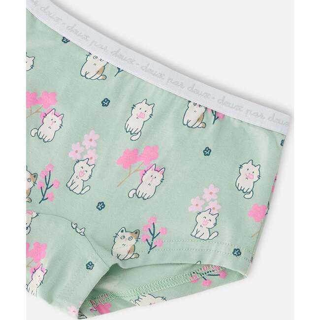 Organic Cotton Boyshort Panty, Green Kitten Print - Underwear - 3