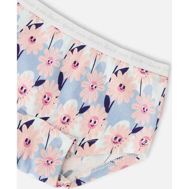 Organic Cotton Boyshort Panty, Blue Smiling Flower Print - Underwear - 3