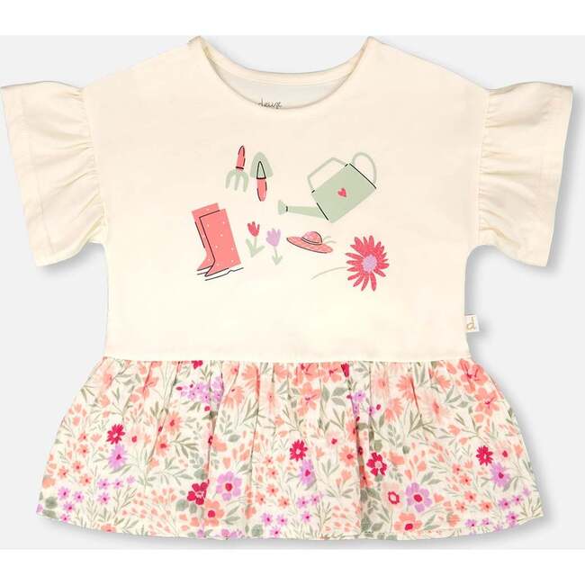 Organic Cotton Bi-Material Tunic, Beige Flowers Print