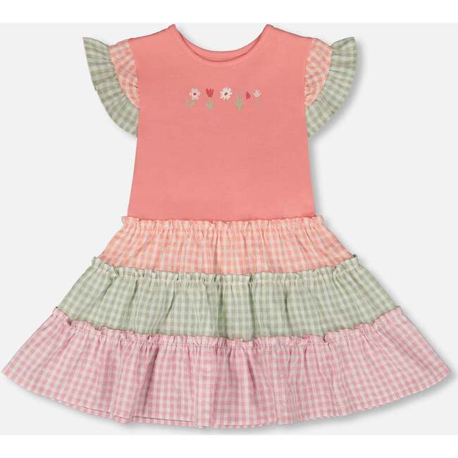 Organic Cotton Bi-Material Dress, Coral & Gingham