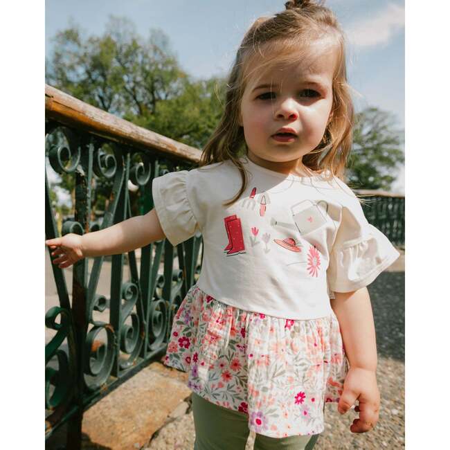 Organic Cotton Bi-Material Tunic, Beige Flowers Print