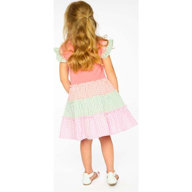 Organic Cotton Bi-Material Dress, Coral & Gingham