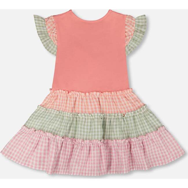 Organic Cotton Bi-Material Dress, Coral & Gingham - Dresses - 3