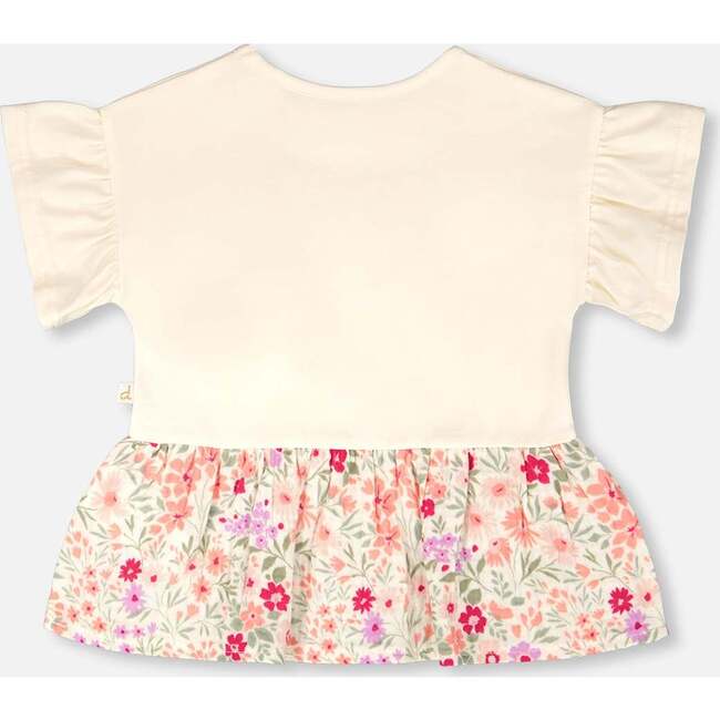 Organic Cotton Bi-Material Tunic, Beige Flowers Print - T-Shirts - 4