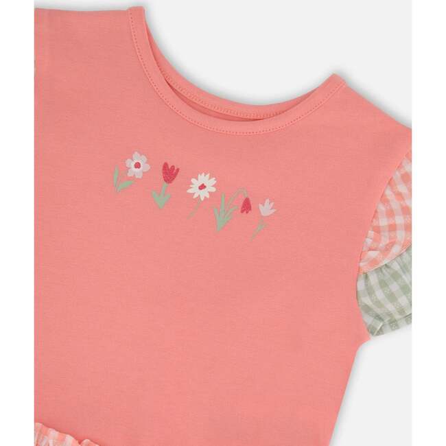 Organic Cotton Bi-Material Dress, Coral & Gingham - Dresses - 4