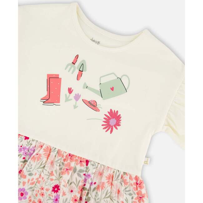 Organic Cotton Bi-Material Tunic, Beige Flowers Print - T-Shirts - 5