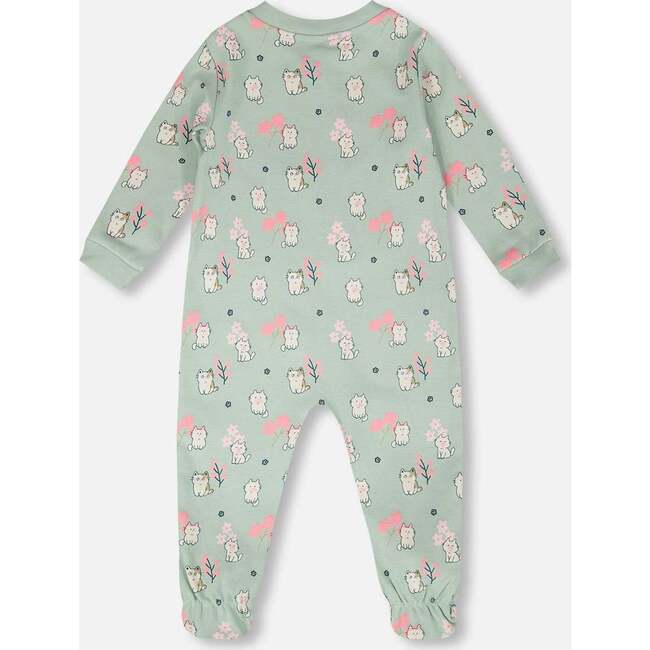 Organic Cotton Baby One-Piece Pajamas, Green Kitten Print