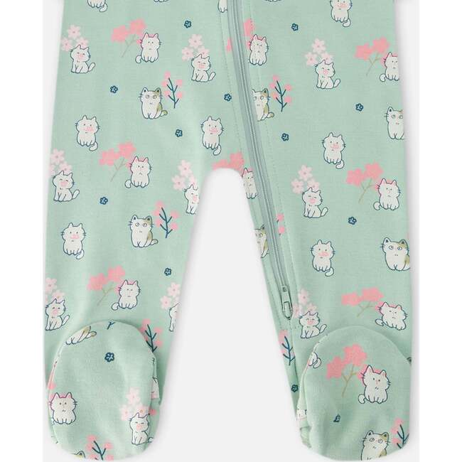 Organic Cotton Baby One-Piece Pajamas, Green Kitten Print - Pajamas - 3