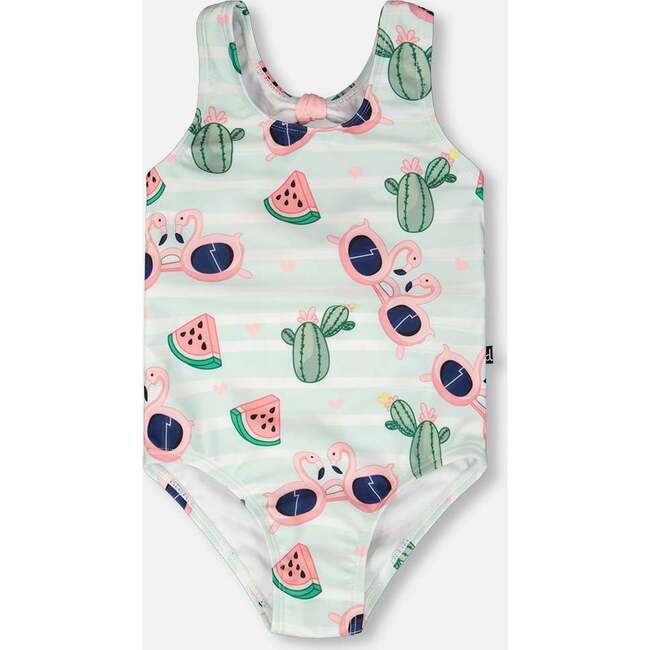 One-Piece Swimsuit, Blue Flamingo Print