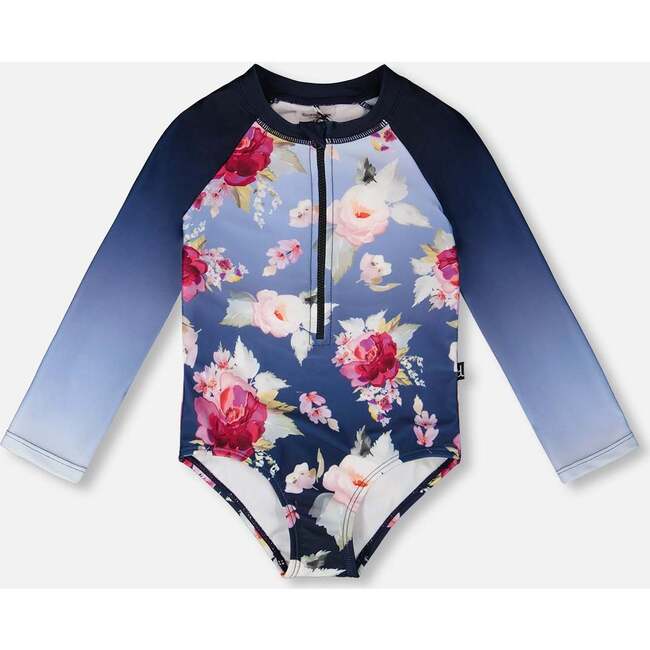 One-Piece Long Sleeve Rashguard, Blue With Roses Print