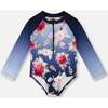 One-Piece Long Sleeve Rashguard, Blue With Roses Print - One Pieces - 1 - thumbnail