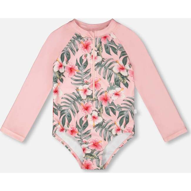 One-Piece Long Sleeve Rashguard, Pink Hibiscus Print